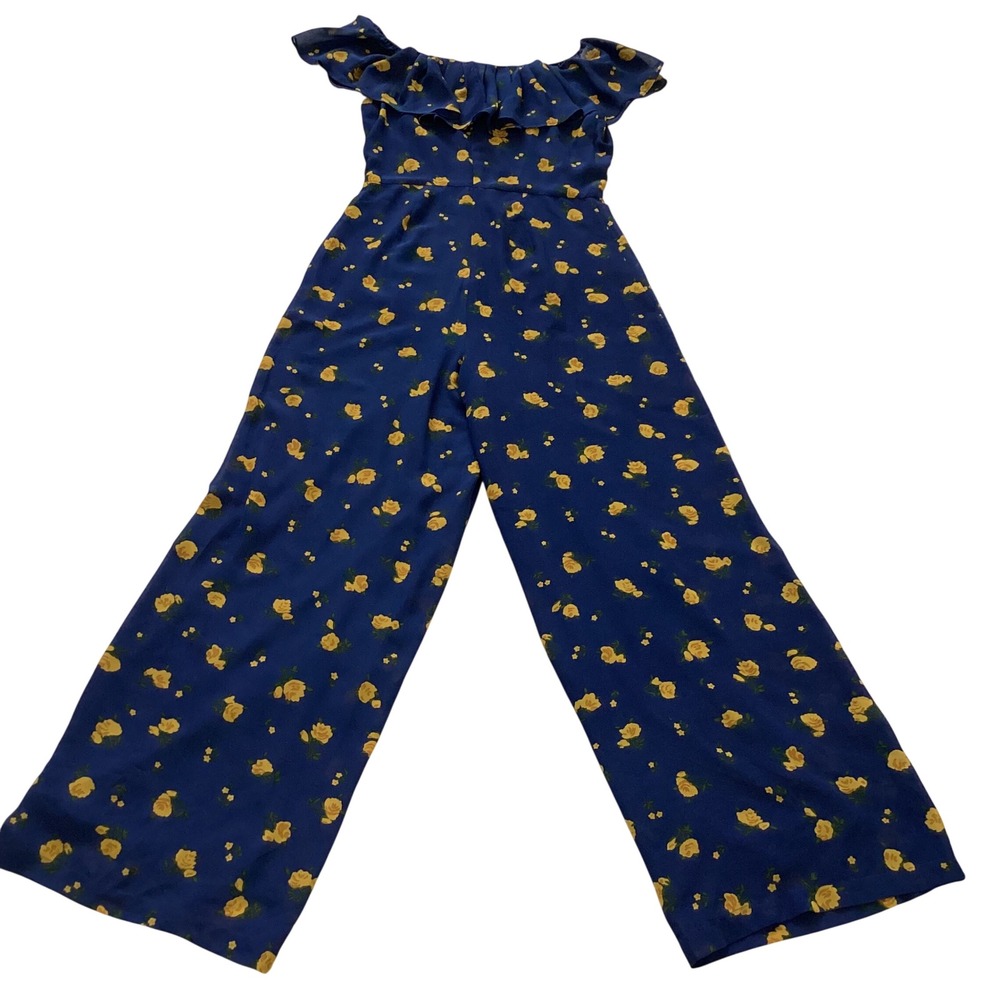Betsey Johnson Blue Yellow Floral Wide Leg Jumpsuit‎ Ruffle Off Shoulder Size 6